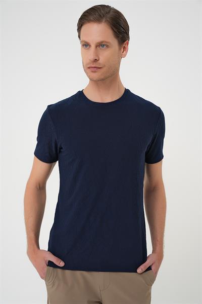 Comfort Fit Bisiklet Yaka Kabartma Desenli Casual Lacivert Tişört Ts 899