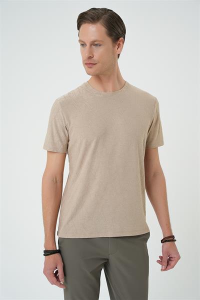 Comfort Fit Bisiklet Yaka Kabartma Desenli Casual Bej Tişört Ts 899