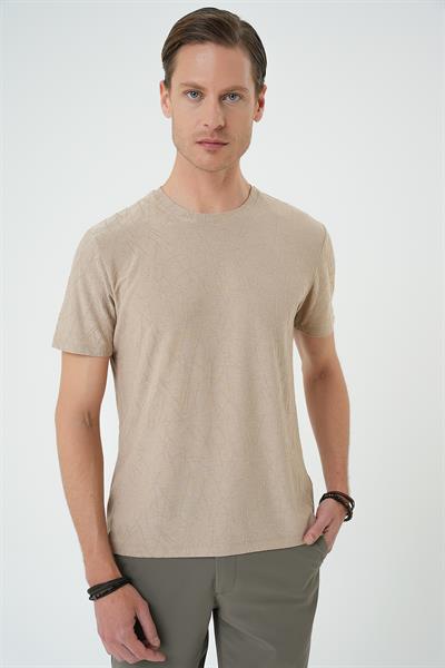 Comfort Fit Bisiklet Yaka Kabartma Desenli Casual Bej Tişört Ts 899
