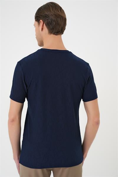 Comfort Fit Bisiklet Yaka Kabartma Desenli Casual Lacivert Tişört Ts 899