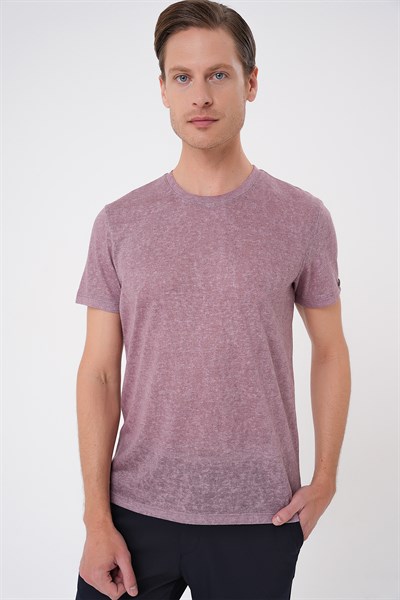 Comfort Fit Bisiklet Yaka Keten Karışımlı Gül Kurusu Tişört TS 902