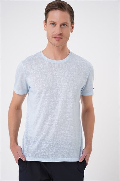 Comfort Fit Bisiklet Yaka Keten Karışımlı Mavi Tişört TS 902