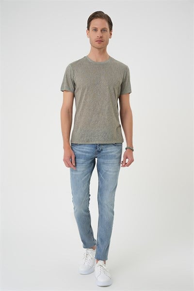 Comfort Fit Bisiklet Yaka Keten Karışımlı Açık Yeşil Tişört TS 902