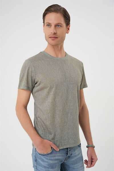 Comfort Fit Bisiklet Yaka Keten Karışımlı Açık Yeşil Tişört TS 902