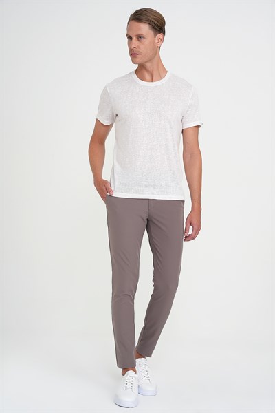 Comfort Fit Bisiklet Yaka Keten Karışımlı Ekru Tişört TS 902