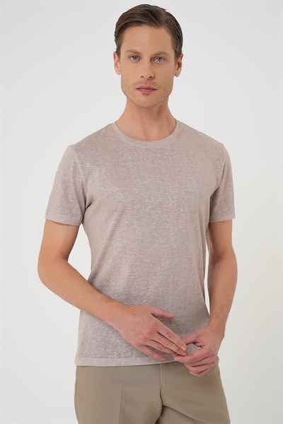 Comfort Fit Bisiklet Yaka Keten Karışımlı Kum Beji Tişört TS 902