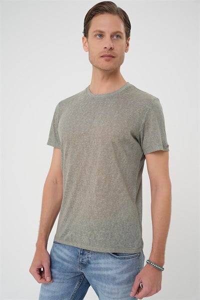 Comfort Fit Bisiklet Yaka Keten Karışımlı Açık Yeşil Tişört TS 902