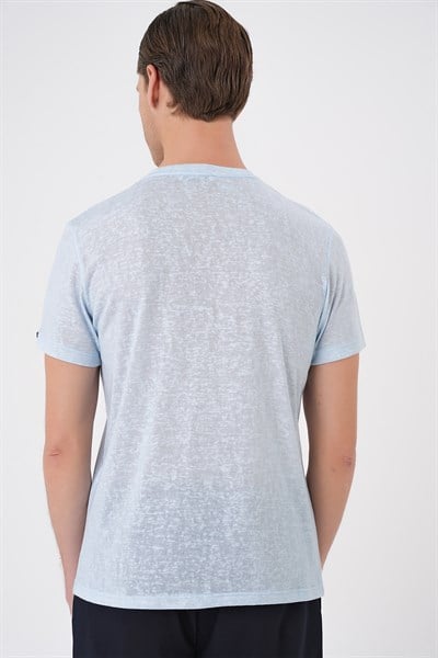 Comfort Fit Bisiklet Yaka Keten Karışımlı Mavi Tişört TS 902