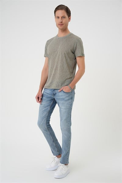Comfort Fit Bisiklet Yaka Keten Karışımlı Açık Yeşil Tişört TS 902