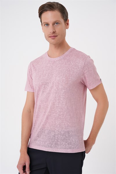 Comfort Fit Bisiklet Yaka Keten Karışımlı Açık Pembe Tişört TS 902
