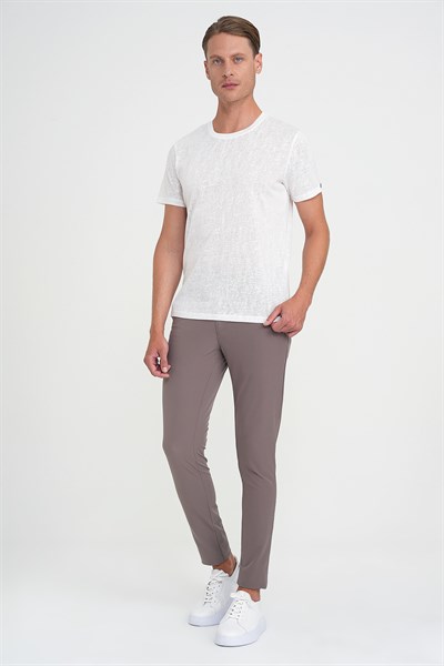 Comfort Fit Bisiklet Yaka Keten Karışımlı Beyaz Tişört TS 902
