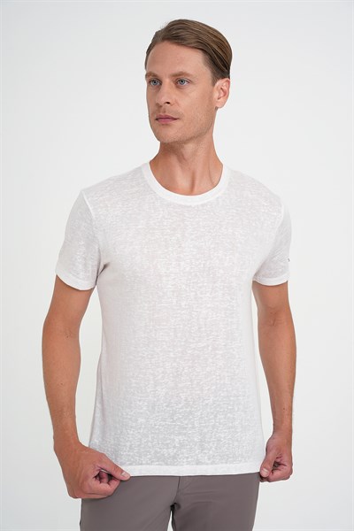 Comfort Fit Bisiklet Yaka Keten Karışımlı Ekru Tişört TS 902