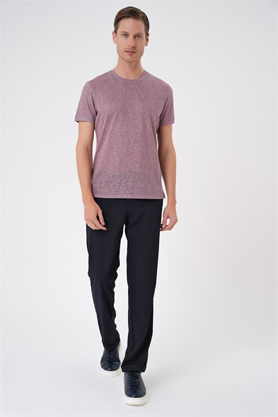 Comfort Fit Bisiklet Yaka Keten Karışımlı Gül Kurusu Tişört TS 902