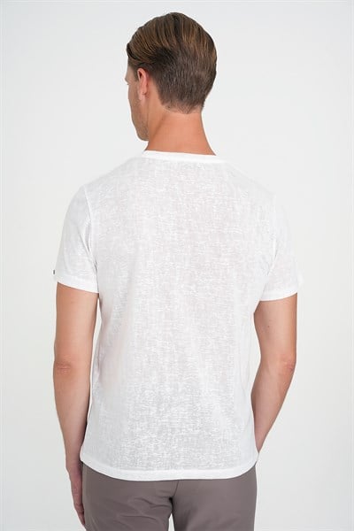 Comfort Fit Bisiklet Yaka Keten Karışımlı Beyaz Tişört TS 902
