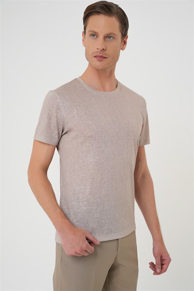 Comfort Fit Bisiklet Yaka Keten Karışımlı Kum Beji Tişört TS 902