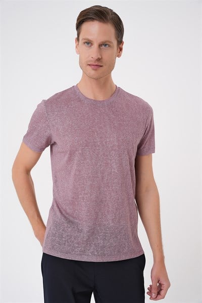 Comfort Fit Bisiklet Yaka Keten Karışımlı Gül Kurusu Tişört TS 902