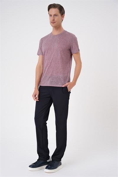 Comfort Fit Bisiklet Yaka Keten Karışımlı Gül Kurusu Tişört TS 902