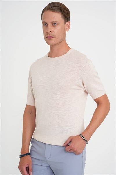 Comfort Fit Bisiklet Yaka Kısa Kol Spor Bej Triko Tr 881