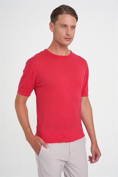Comfort Fit Bisiklet Yaka Kısa Kol Spor Mercan Triko Tr 881