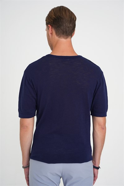 Comfort Fit Bisiklet Yaka Kısa Kol Spor Lacivert Triko Tr 881