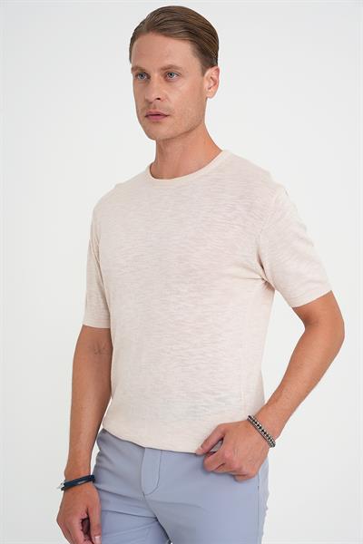 Comfort Fit Bisiklet Yaka Kısa Kol Spor Bej Triko Tr 881