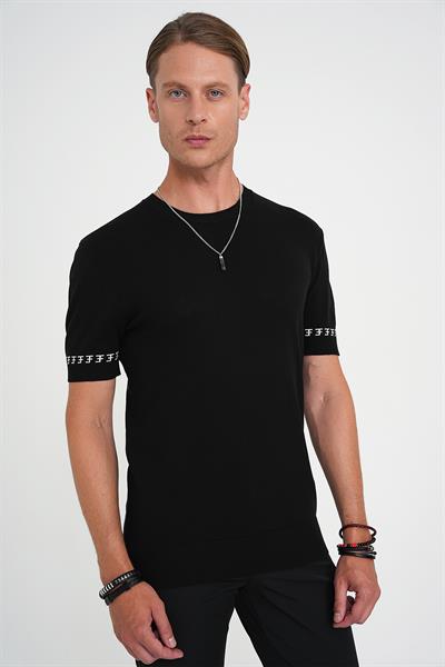 Comfort Fit Bisiklet Yaka Kısa Kollu Siyah Triko Kazak Tr 882