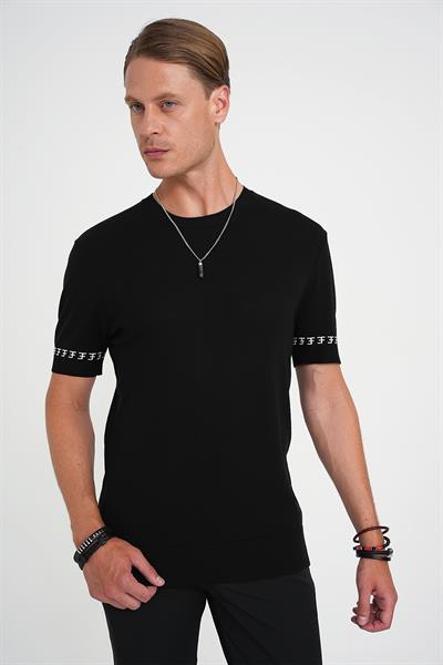 Comfort Fit Bisiklet Yaka Kısa Kollu Siyah Triko Kazak Tr 882