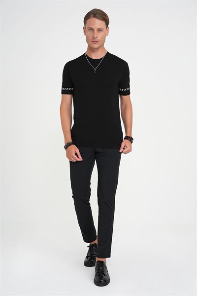 Comfort Fit Bisiklet Yaka Kısa Kollu Siyah Triko Kazak Tr 882