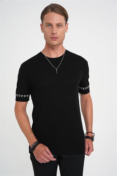 Comfort Fit Bisiklet Yaka Kısa Kollu Siyah Triko Kazak Tr 882