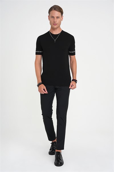 Comfort Fit Bisiklet Yaka Kısa Kollu Siyah Triko Kazak Tr 882