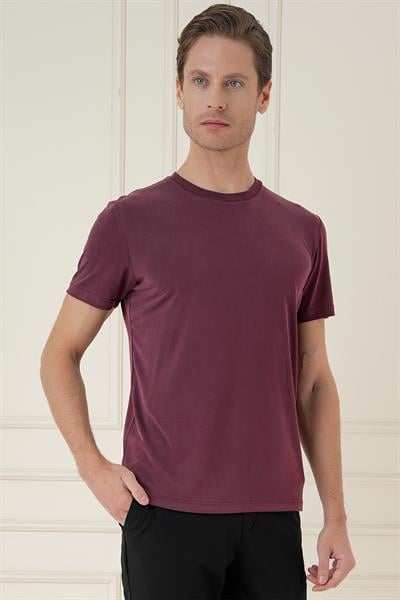 Comfort Fit Bisiklet Yaka Modal Kısa Kol Casual Mürdüm Tişört Ts 895
