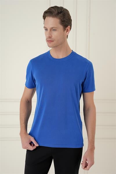 Comfort Fit Bisiklet Yaka Modal Kısa Kol Casual Koyu Mavi Tişört Ts 895