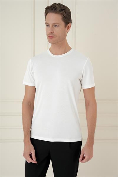 Comfort Fit Bisiklet Yaka Modal Kısa Kol Casual Ekru Tişört Ts 895