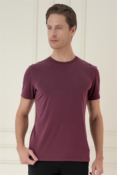 Comfort Fit Bisiklet Yaka Modal Kısa Kol Casual Mürdüm Tişört Ts 895