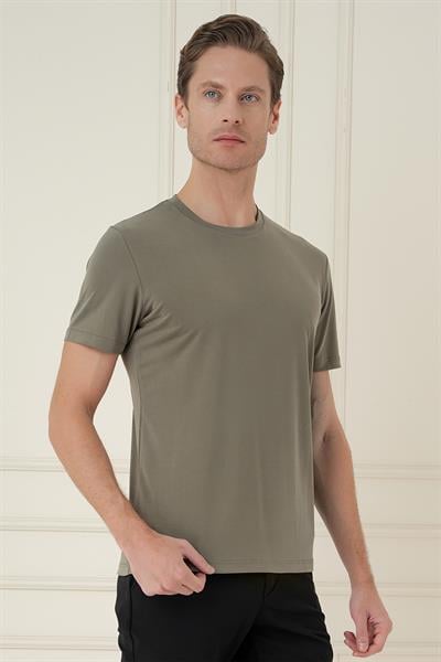 Comfort Fit Bisiklet Yaka Modal Kısa Kol Casual Haki Tişört Ts 895
