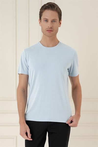 Comfort Fit Bisiklet Yaka Modal Kısa Kol Casual Mavi Tişört Ts 895