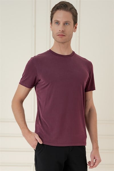 Comfort Fit Bisiklet Yaka Modal Kumaş Kısa Kollu Mürdüm Tişört TS 895