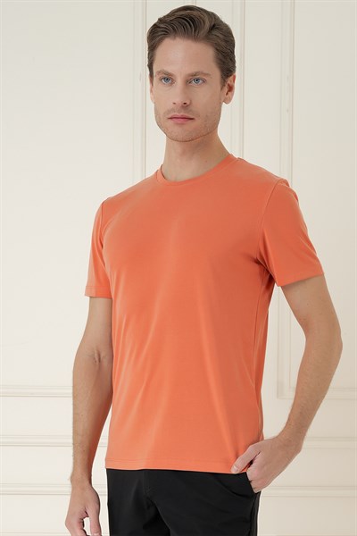 Comfort Fit Bisiklet Yaka Modal Kumaş Kısa Kollu Turuncu Tişört TS 895