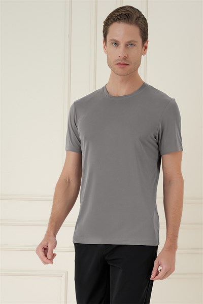 Comfort Fit Bisiklet Yaka Modal Kumaş Kısa Kollu Vizon Tişört TS 895