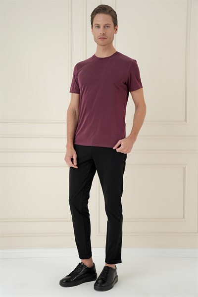 Comfort Fit Bisiklet Yaka Modal Kumaş Kısa Kollu Mürdüm Tişört TS 895