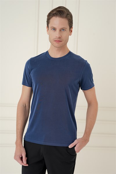 Comfort Fit Bisiklet Yaka Modal Kumaş Kısa Kollu Lacivert Tişört TS 895