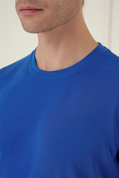 Comfort Fit Bisiklet Yaka Modal Kumaş Kısa Kollu Koyu Mavi Tişört TS 895
