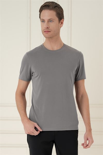 Comfort Fit Bisiklet Yaka Modal Kumaş Kısa Kollu Vizon Tişört TS 895