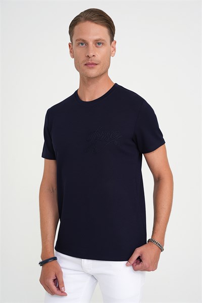 Comfort Fit Bisiklet Yaka Nakışlı Esnek Pamuk Lacivert Tişört TS 910