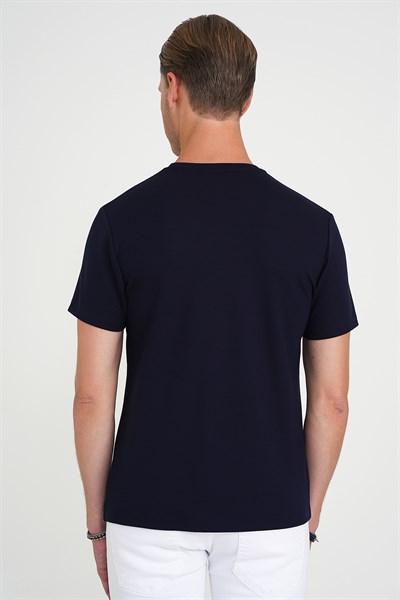 Comfort Fit Bisiklet Yaka Nakışlı Esnek Pamuk Lacivert Tişört TS 910