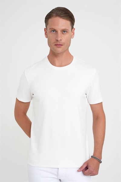 Comfort Fit Bisiklet Yaka Nakışlı Esnek Pamuk Ekru Tişört TS 910