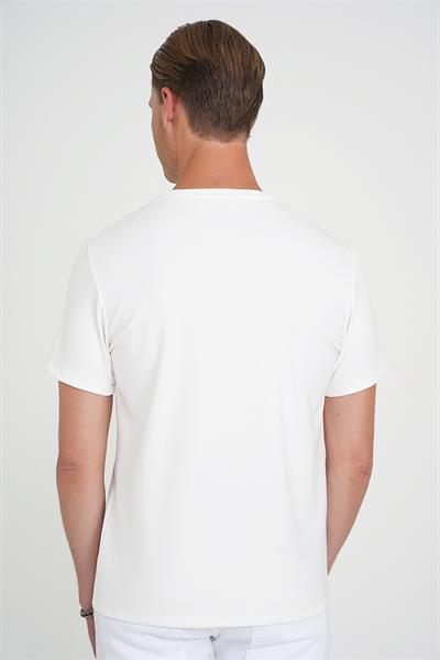Comfort Fit Bisiklet Yaka Nakışlı Kısa Kol Ekru Pamuk Tişört Ts 910