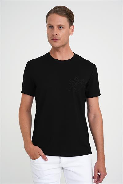 Comfort Fit Bisiklet Yaka Nakışlı Kısa Kol Siyah Pamuk Tişört Ts 910