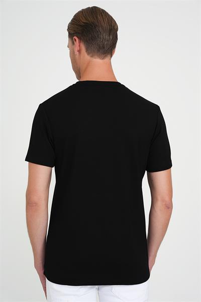 Comfort Fit Bisiklet Yaka Nakışlı Kısa Kol Siyah Pamuk Tişört Ts 910