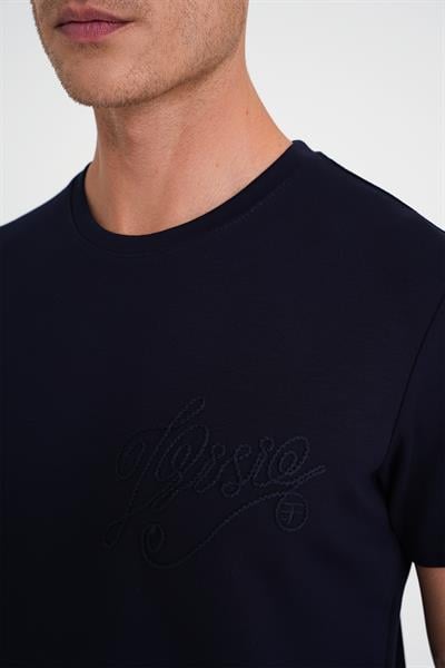 Comfort Fit Bisiklet Yaka Nakışlı Kısa Kol Lacivert Pamuk Tişört Ts 910